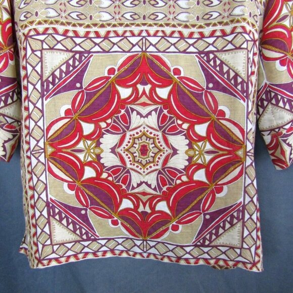 Talbots Silk Linen Tunic Top Red Tan Purple Size 10 Petite 3/4 Sleeve Semi Sheer - Picture 3 of 7
